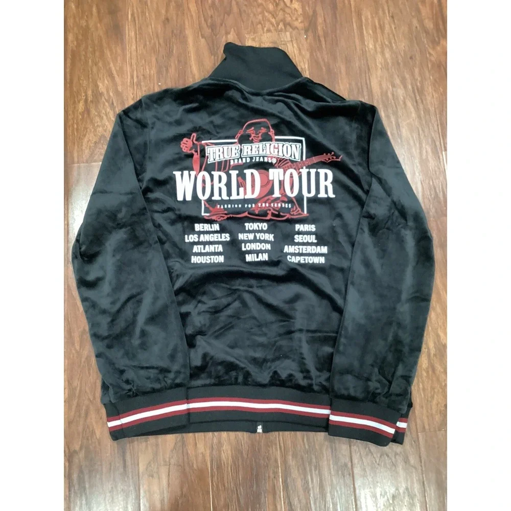 True Religion Velour Tour Track Jacket Jet Black Size L Full Zip $139 Value